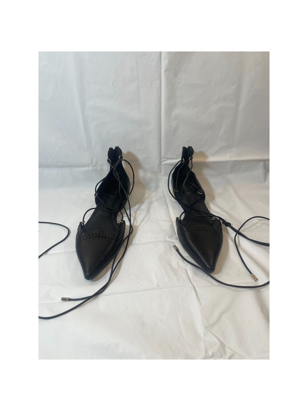 Aldo Women's Black Leather Lace Up Gladiator Pointed Toe Back Zip Flat Shoes 9 - Picture 4 of 12